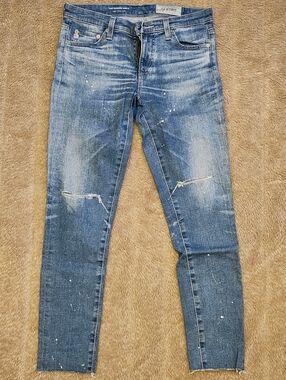 AG Adriano Goldschmied Blue Skinny Distressed Jeans with Paint-Splatter